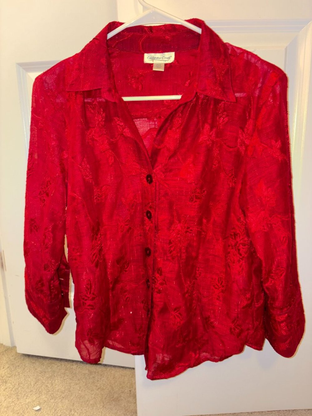 Red Embroidered Button Down Long Sleeve top